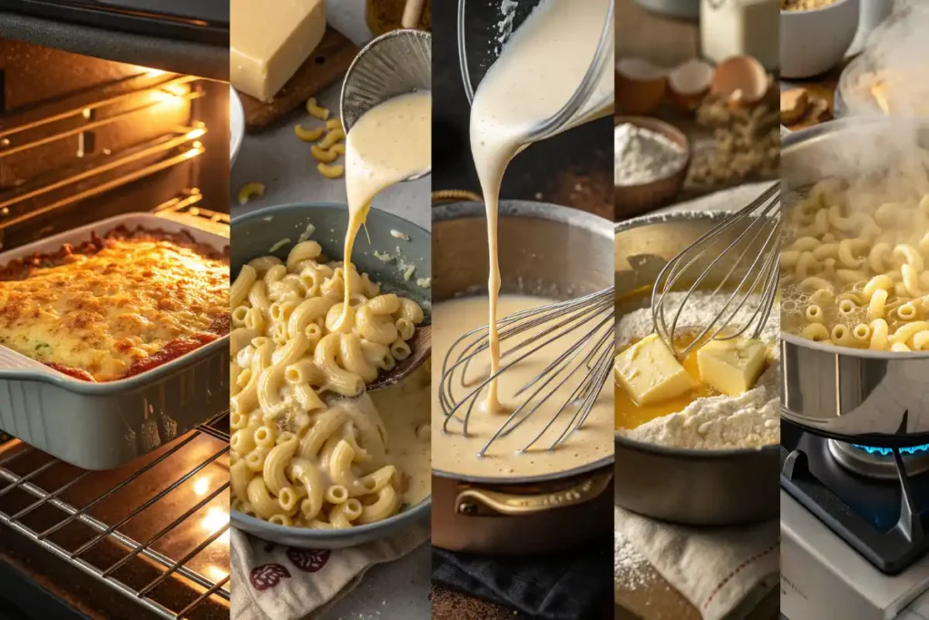 Step by step process of making Thanksgiving mac and cheese casserole with cottage cheese.