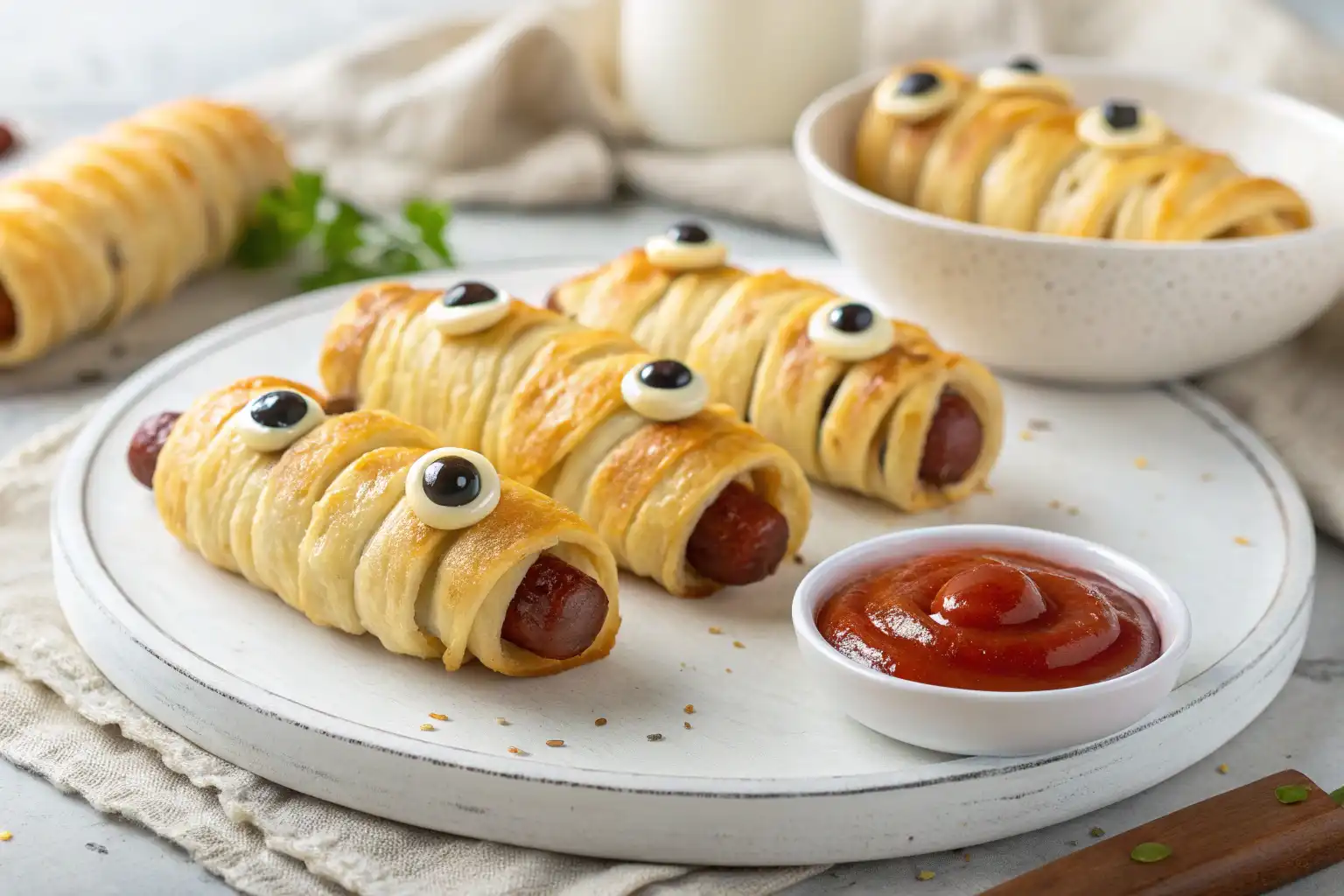 Wrapping puff pastry around sausages to make Halloween mummy rolls