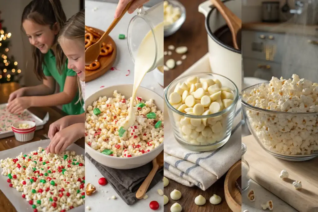 Step-by-step collage showing how to make Christmas Crunch Popcorn from popping to mixing and cooling.