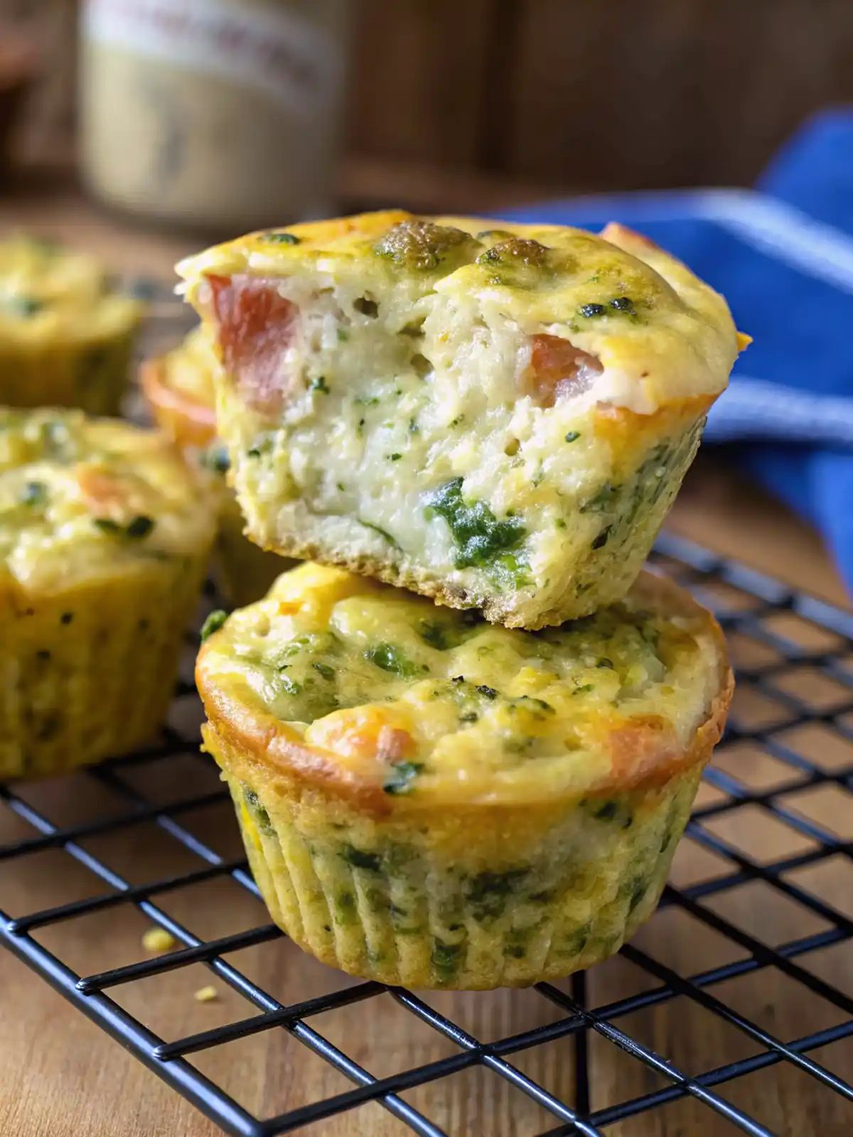Close-up of broccoli cottage cheese egg muffin showing fluffy texture with broccoli and melted cheese inside.