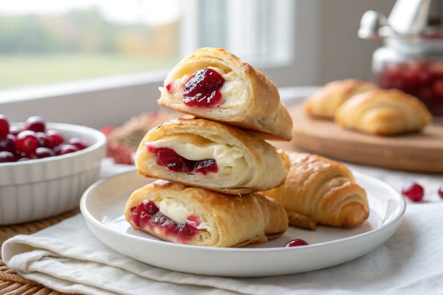 Close-up of cranberry cream cheese crescent bites showing creamy filling and glossy cranberry topping.