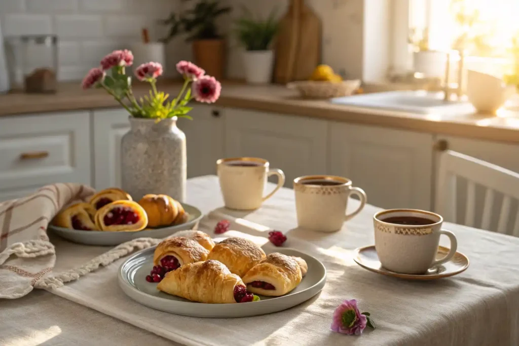 Cranberry cream cheese crescent bites served on a cozy breakfast table with coffee and flowers.
