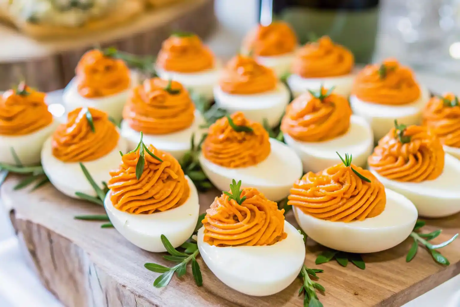 Deviled egg Thanksgiving appetizers arranged on a rustic platter with paprika and herbs.