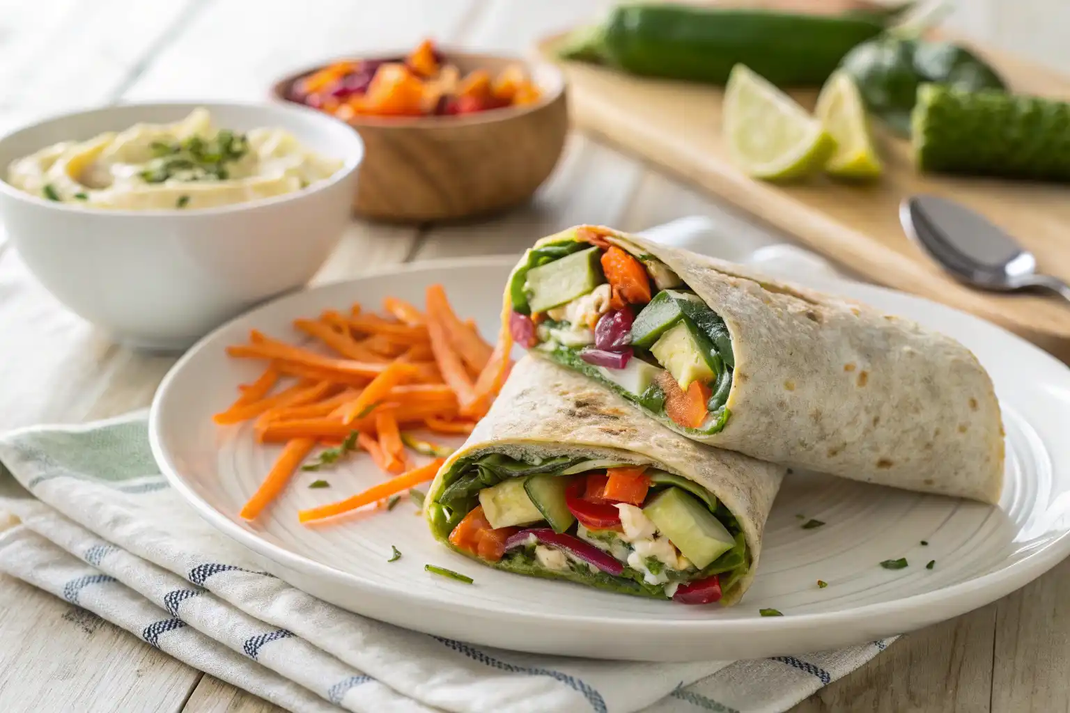 Sliced easy veggie wrap filled with hummus, cottage cheese, and colorful vegetables.