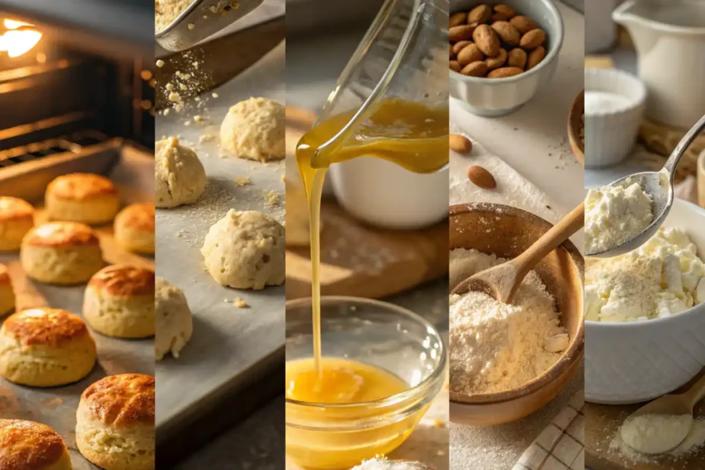 Step-by-step collage showing how to make dinner biscuits made with almond flour — mixing, shaping, baking, and serving.
