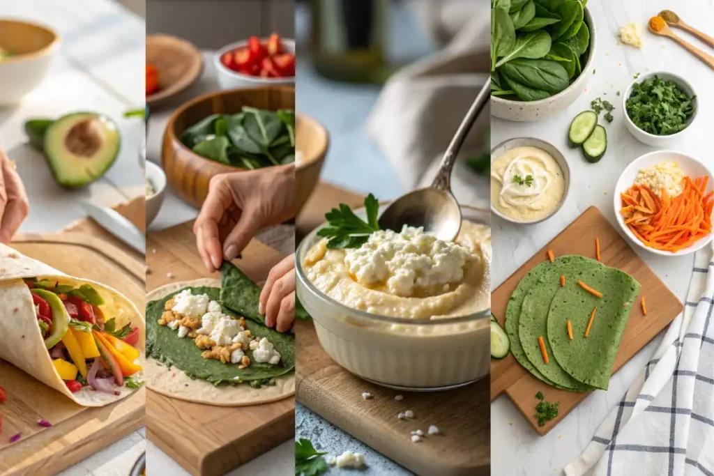 Step-by-step process of making an easy veggie wrap with hummus, cottage cheese, and fresh vegetables.