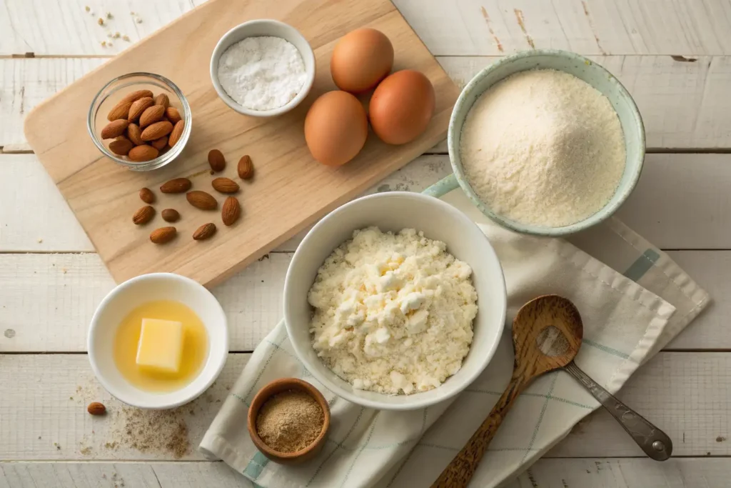 Ingredients for dinner biscuits made with almond flour including cottage cheese, butter, eggs, and baking powder.
