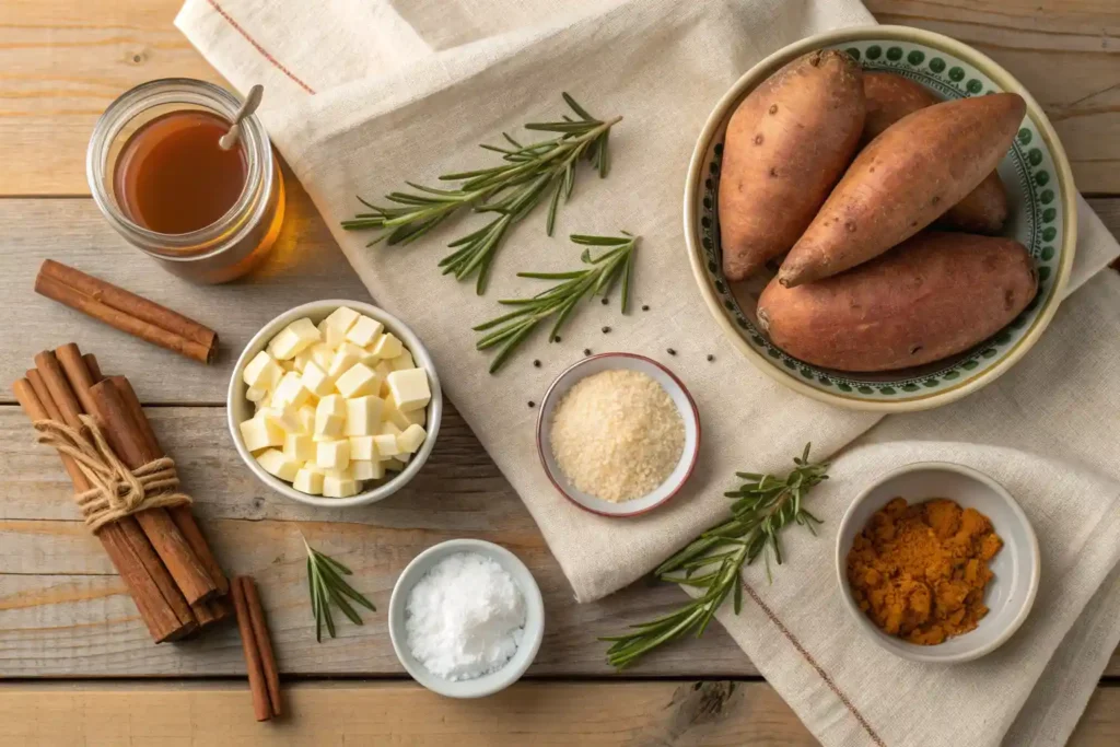 Flat lay of sweet potatoes, maple syrup, pecans, cottage cheese, and cinnamon for Southern Maple Sweet Potato Casserole.