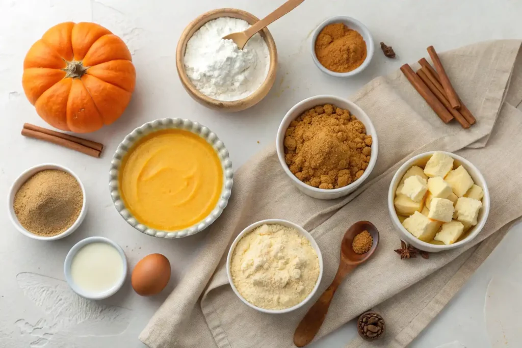 Ingredients for pumpkin snickerdoodle cheesecake including pumpkin puree, cream cheese, graham cracker crumbs, and cinnamon sugar.