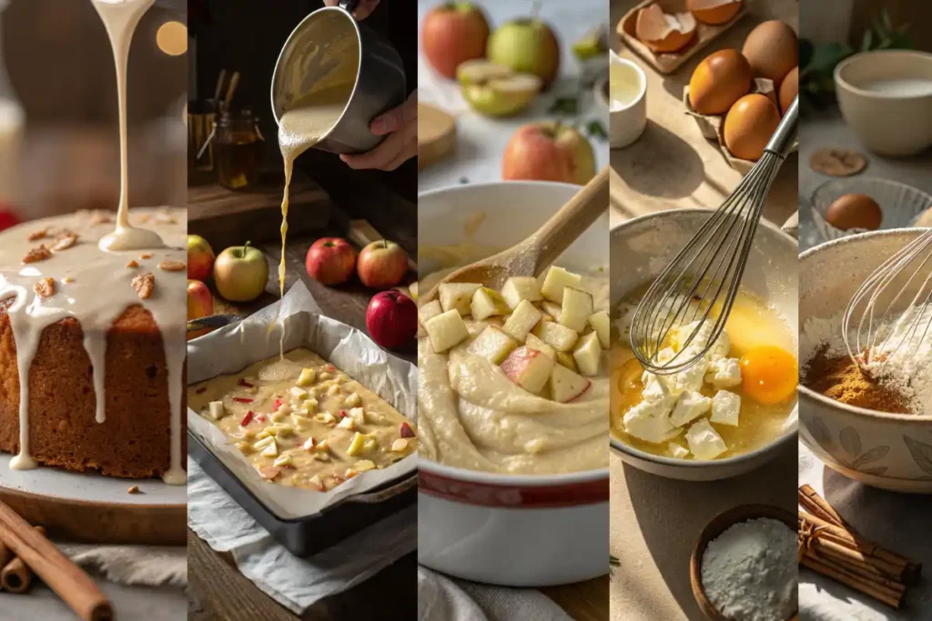 Step-by-step collage showing how to make moist apple cake with cinnamon icing from start to finish.
