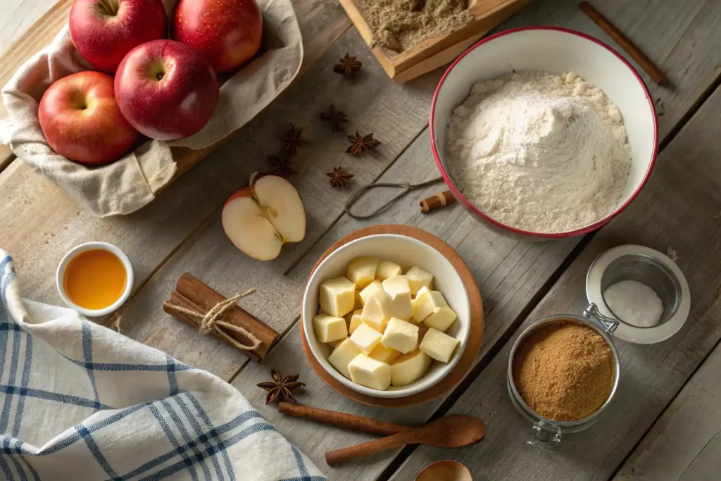 ingredients for apple biscuit breakfast recipe arranged on a wooden table including apples, flour, butter, cinnamon, and cottage cheese
