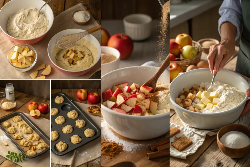 collage showing steps to make apple biscuit breakfast recipe including dough mixing, adding apple filling, baking, and serving