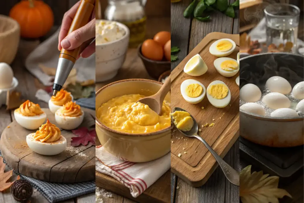 Step-by-step collage showing how to make deviled egg Thanksgiving appetizers from boiling eggs to adding garnish.
