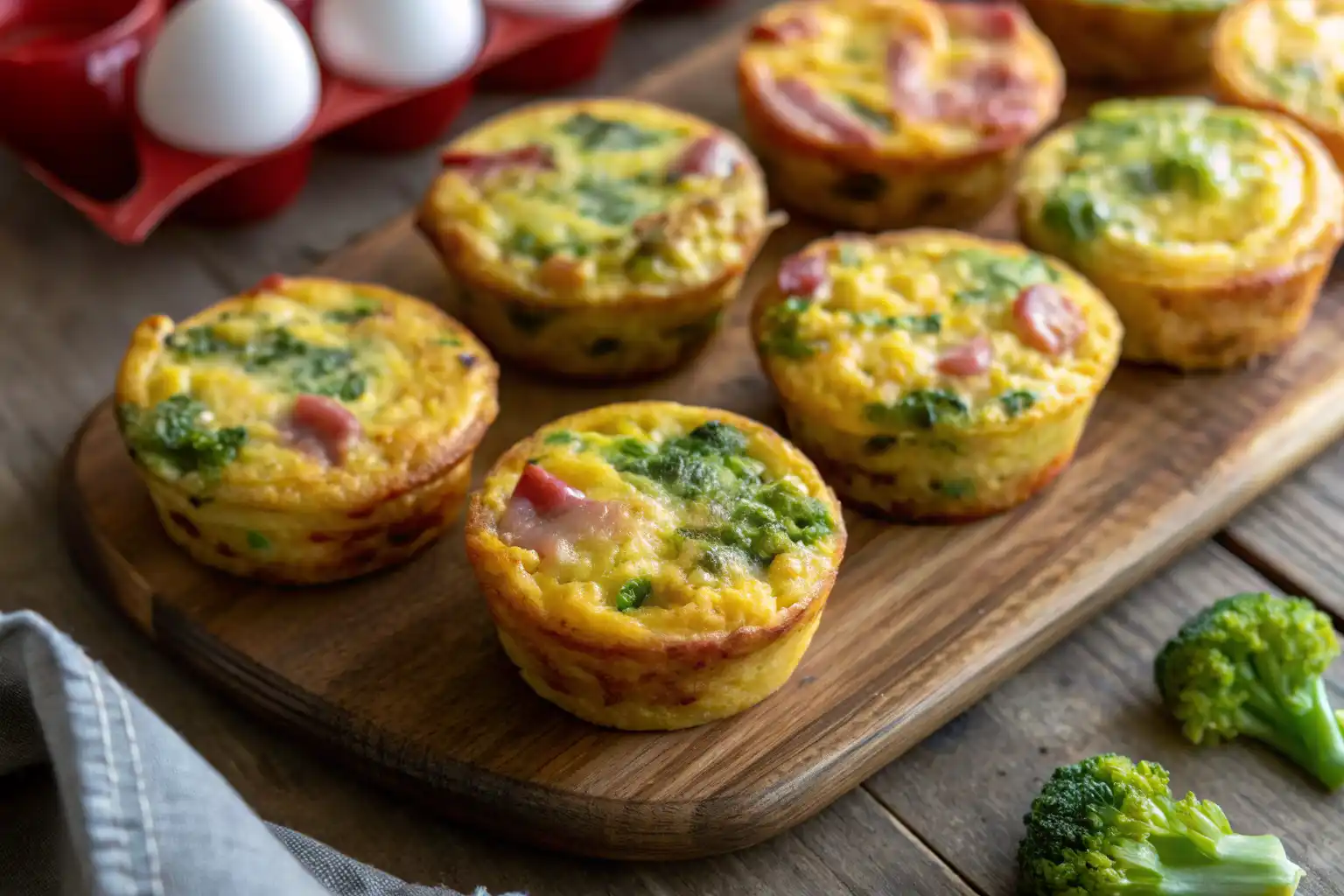 Freshly baked broccoli cottage cheese egg muffins with golden tops cooling on a wire rack.