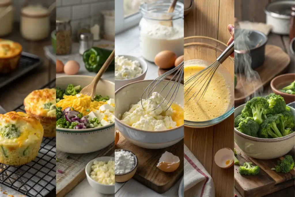 Step-by-step process of making broccoli cottage cheese egg muffins from mixing to baking.

