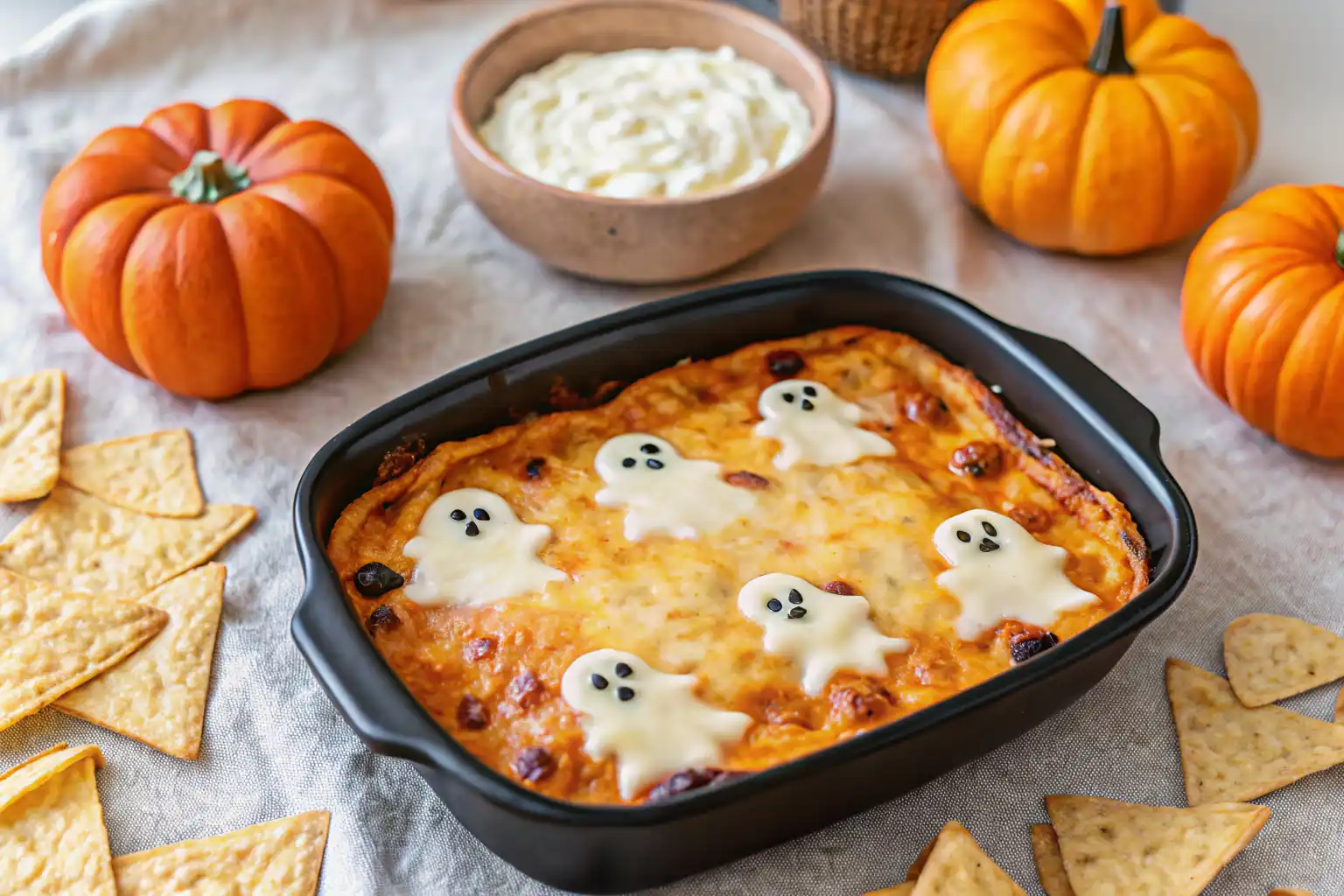 buffalo chicken dip Halloween baked in skillet with ghost cheese toppings and tortilla chips