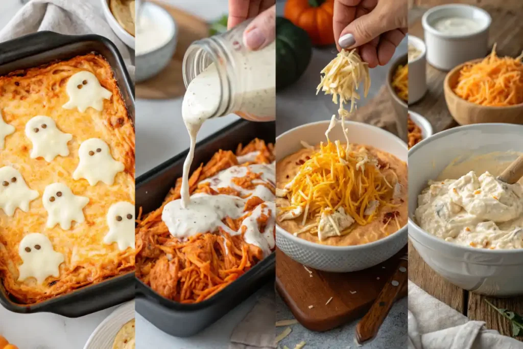 step by step collage of buffalo chicken dip Halloween recipe showing ingredients, mixing, baking, and ghost topping