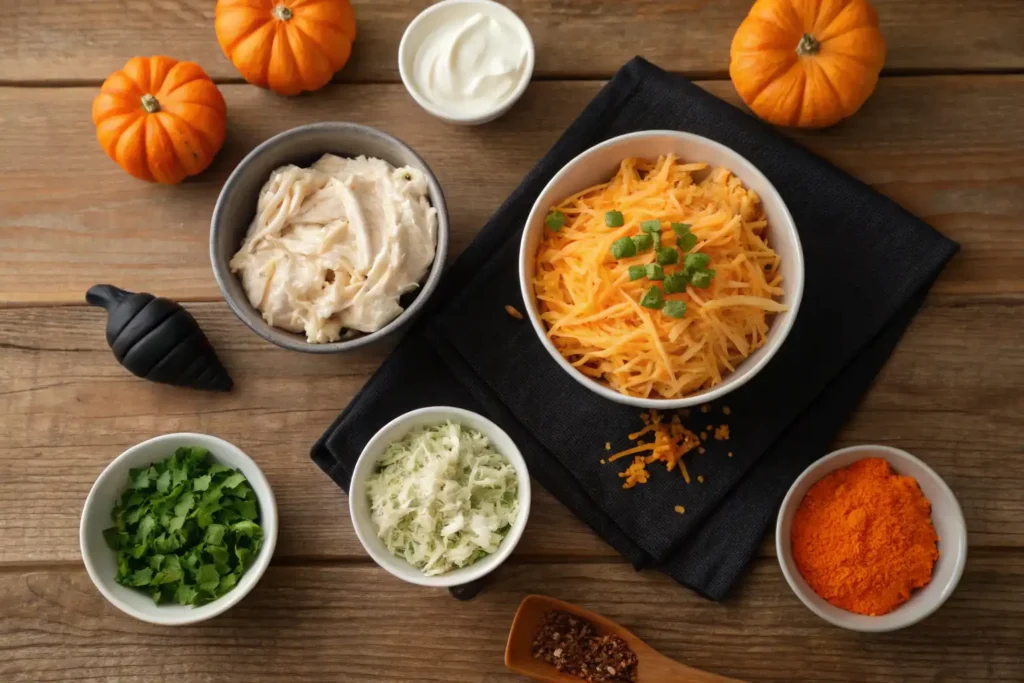 flat lay of buffalo chicken dip Halloween ingredients on rustic table with cheese, chicken, and sauce