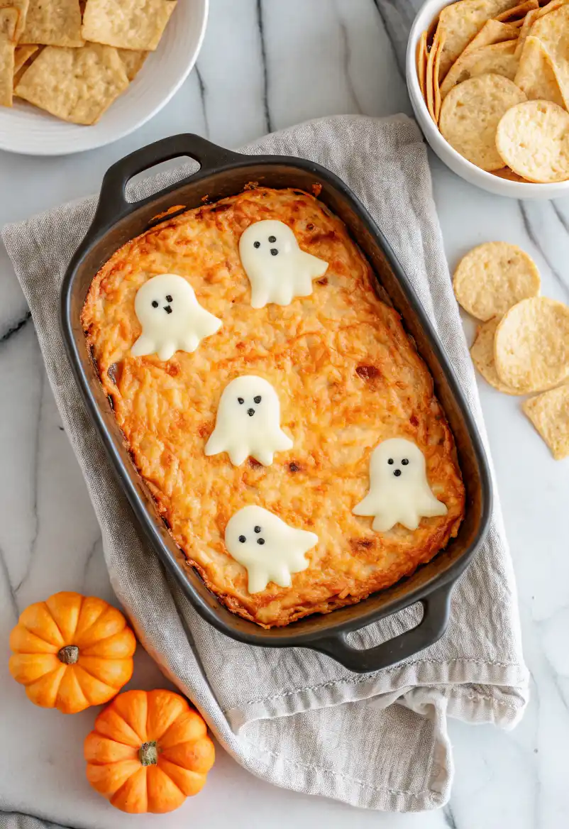 mixing buffalo chicken dip Halloween ingredients with cheese and sauce in white bowl
