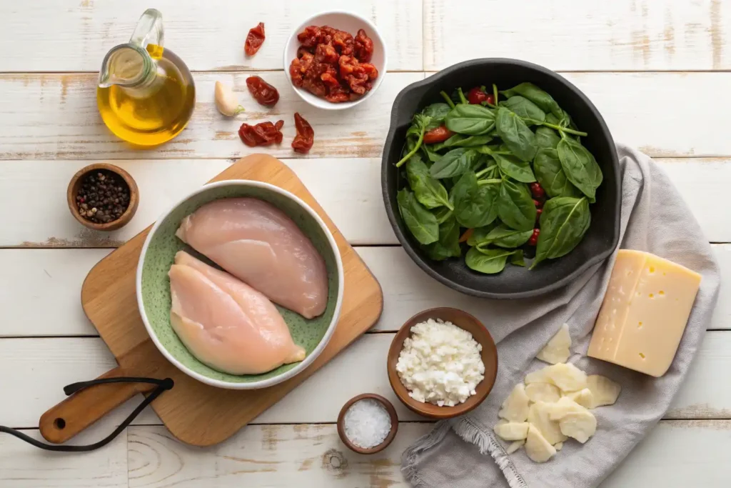 Ingredients for one pan chicken Florentine including chicken, spinach, cottage cheese, sun-dried tomatoes, garlic, and Parmesan.
