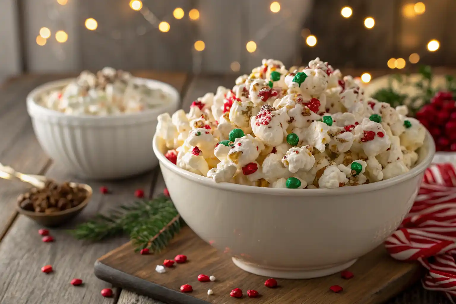 Christmas Crunch Popcorn in a festive bowl with white chocolate and red and green candies.