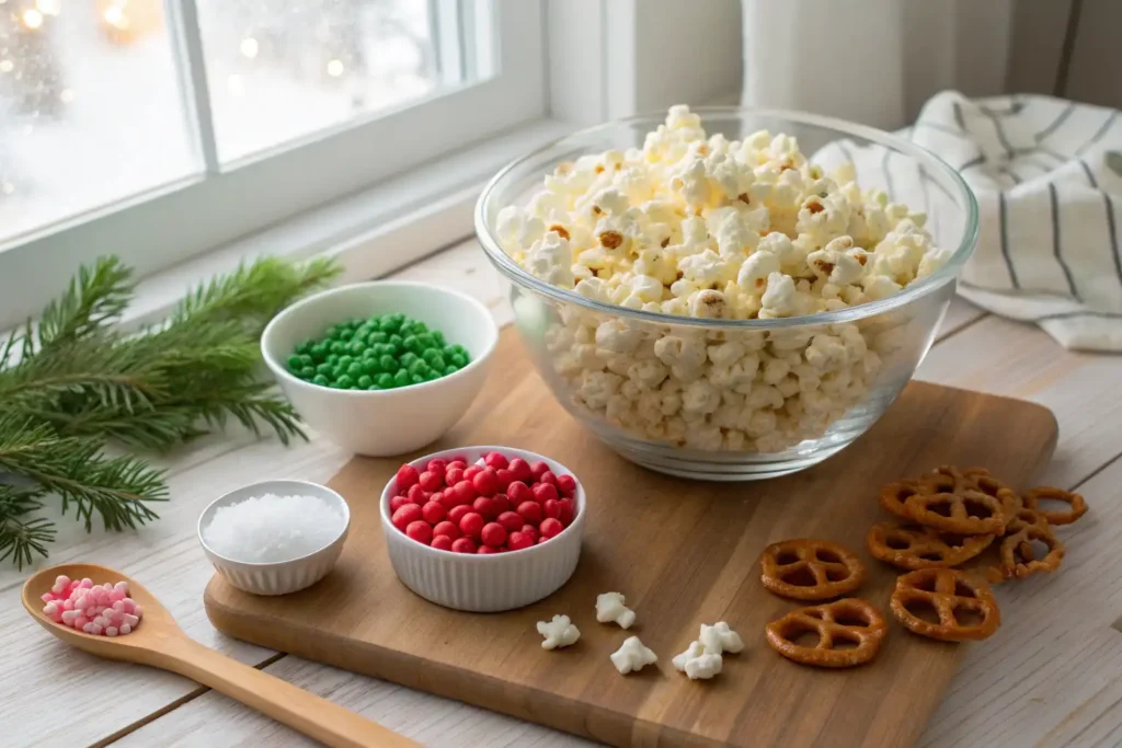 Ingredients for Christmas Crunch Popcorn including popcorn, white chocolate, pretzels, and holiday candies.