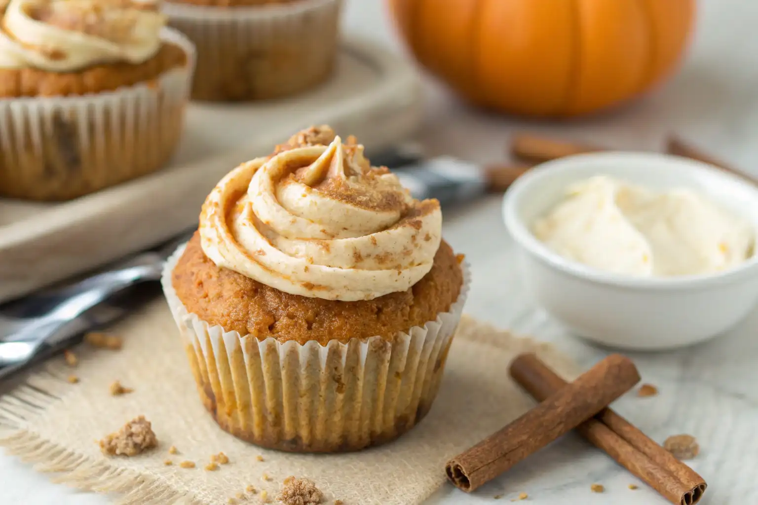 close up of moist pumpkin cream cheese muffin swirl with creamy cheesecake filling