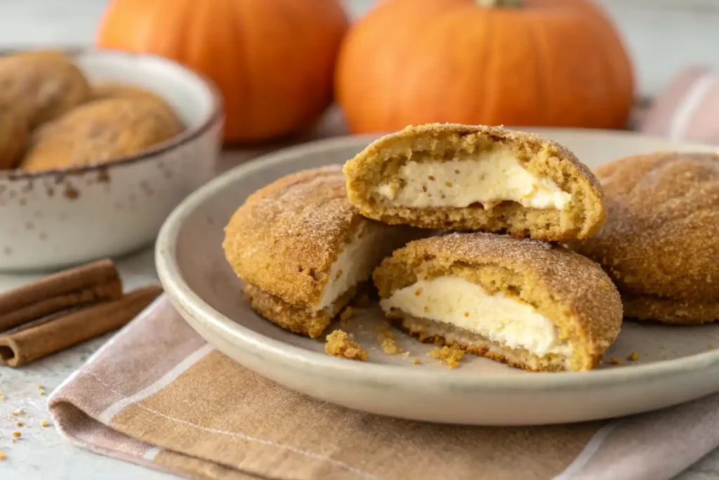 pumpkin snickerdoodle cheesecake cookies showing creamy filling and cinnamon sugar coating.