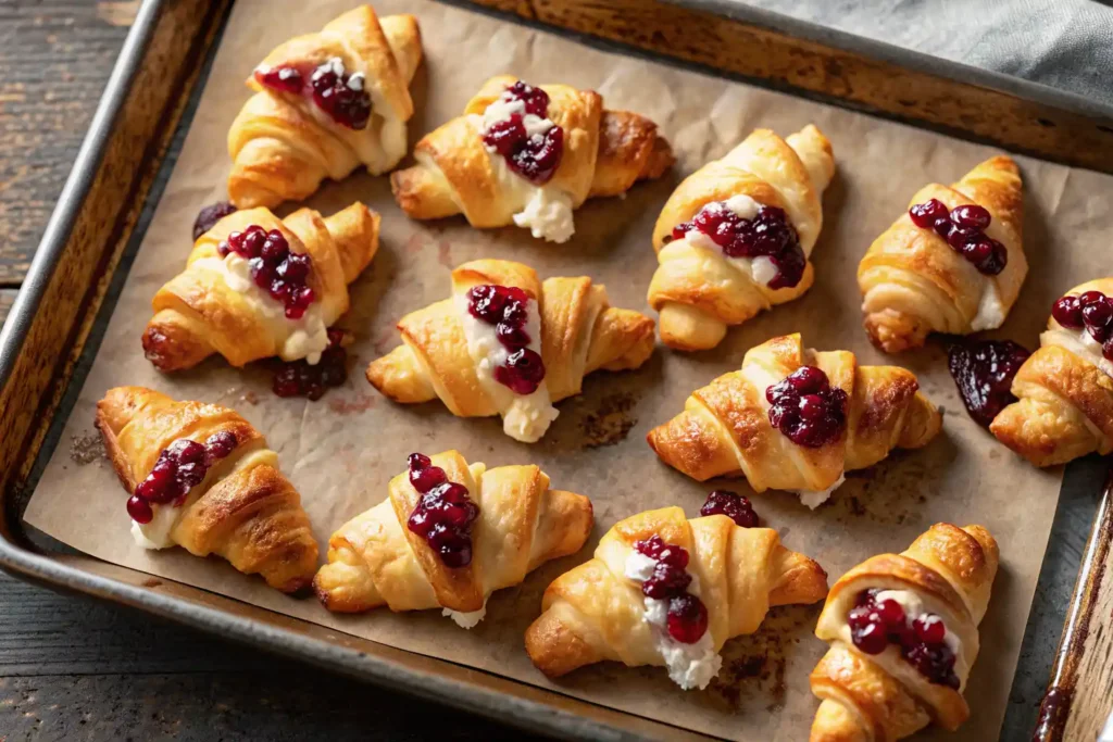 Cranberry cream cheese crescent bites on a rustic plate ready for Thanksgiving.