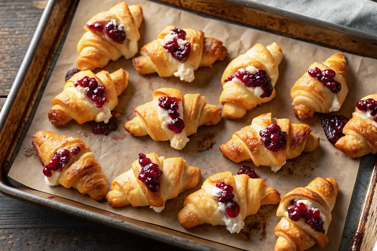Cranberry cream cheese crescent bites on a rustic plate ready for Thanksgiving.