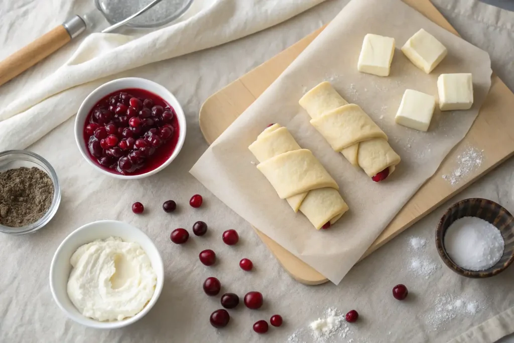 Ingredients for cranberry cream cheese crescent bites including dough, cranberries, and cream cheese.

