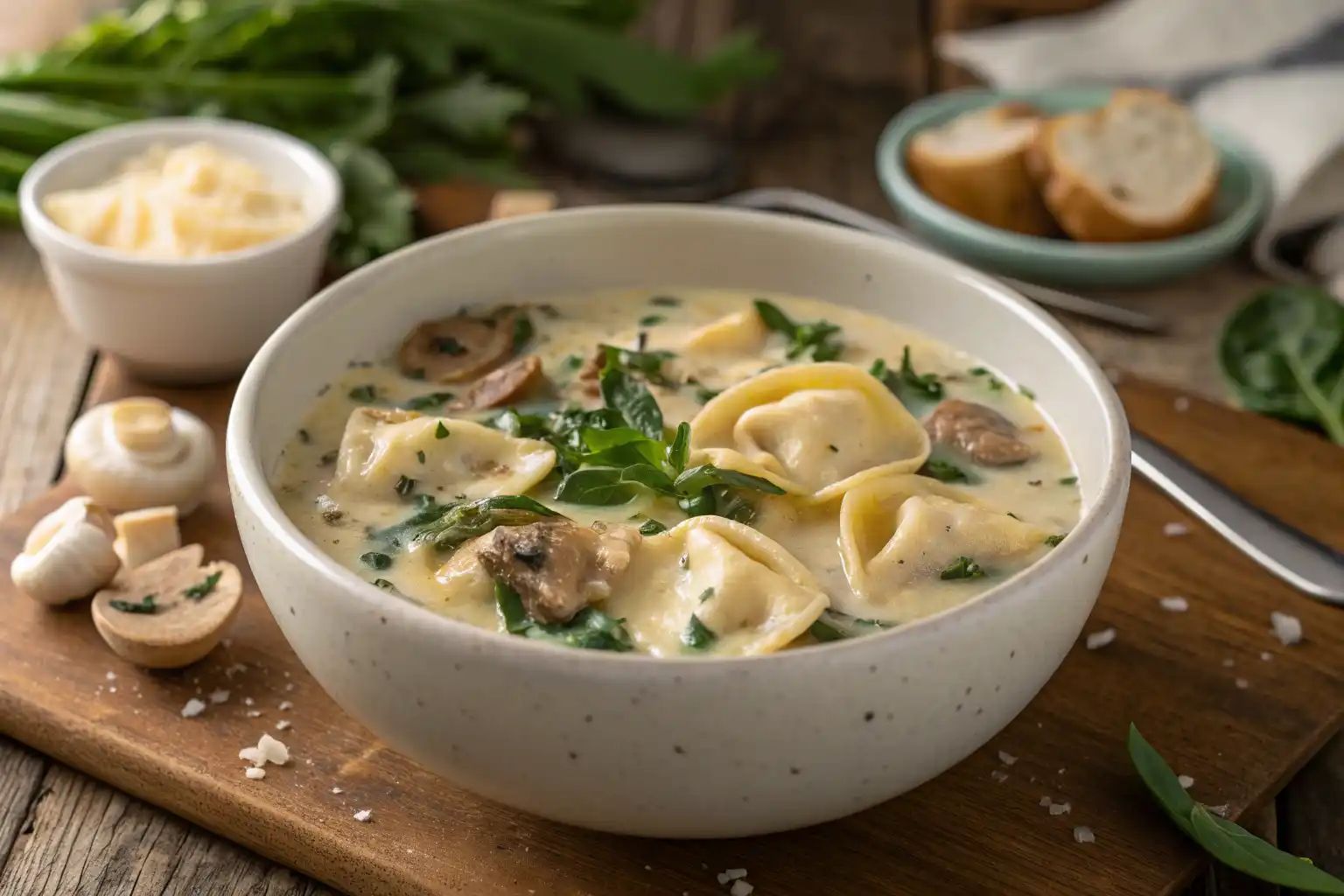 Creamy parmesan mushroom and spinach tortellini soup served in a rustic white bowl with fresh herbs.