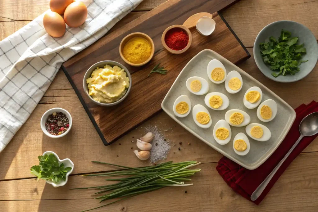 Ingredients for deviled egg Thanksgiving appetizers including eggs, cottage cheese, mustard, and herbs.
