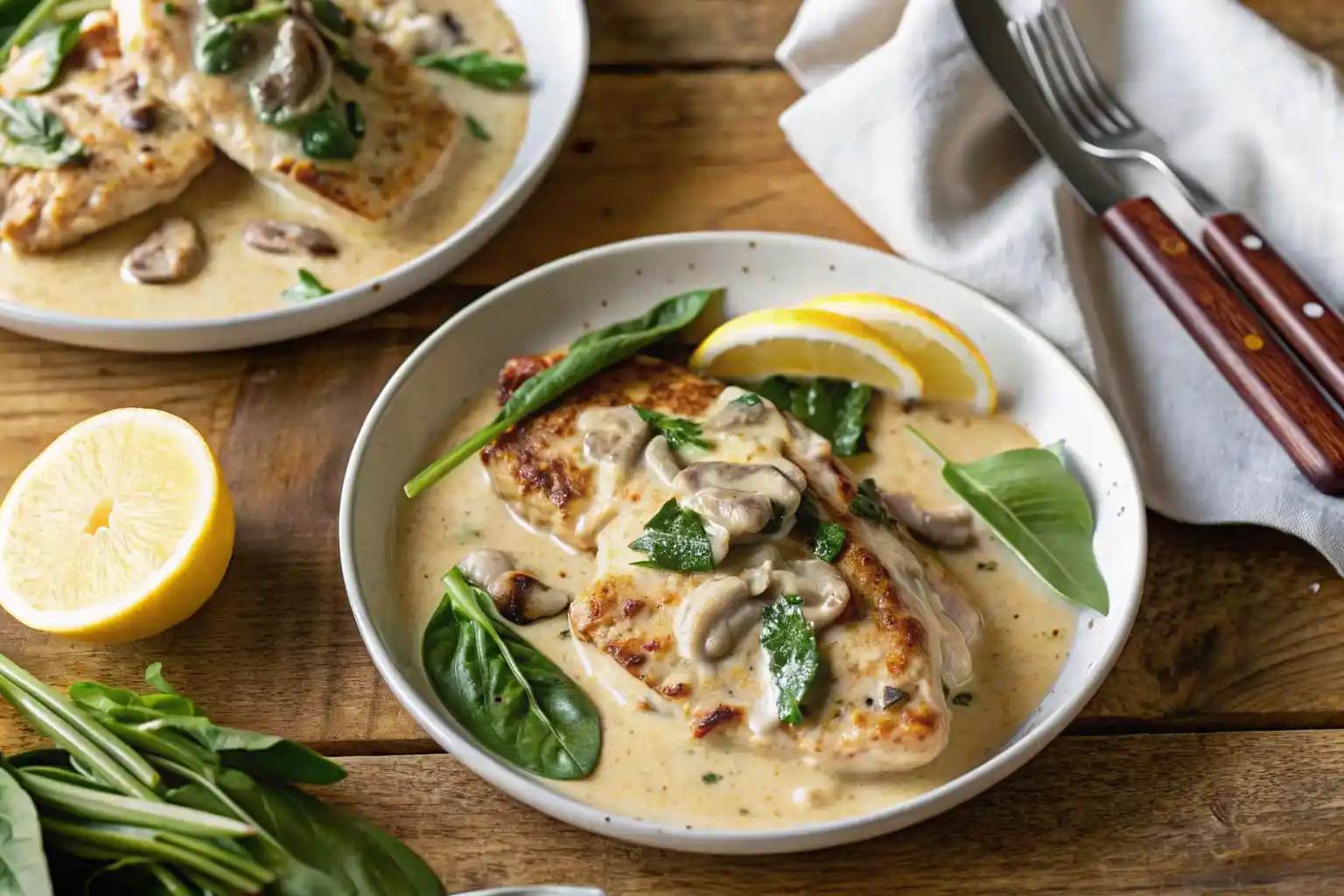 Plated serving of one pan chicken Florentine with creamy sauce, spinach, and pasta.