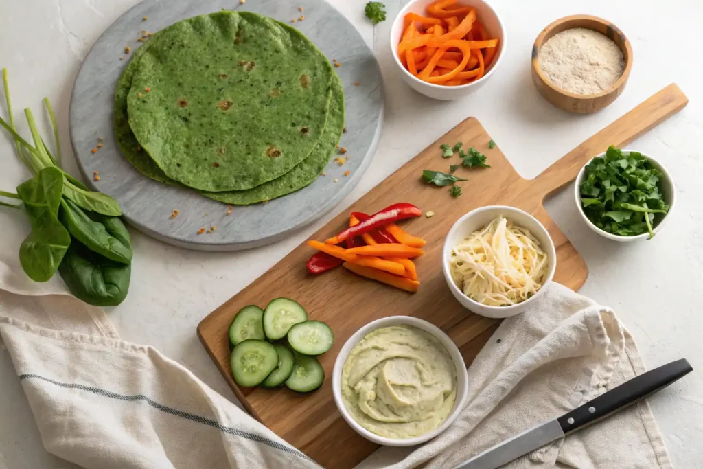 Ingredients for an easy veggie wrap with spinach tortilla, hummus, cottage cheese, and colorful fresh vegetables.