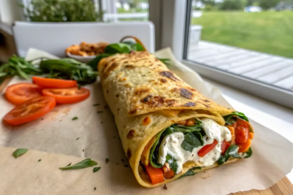 Easy veggie wrap filled with colorful vegetables, hummus, and cottage cheese on a cutting board.