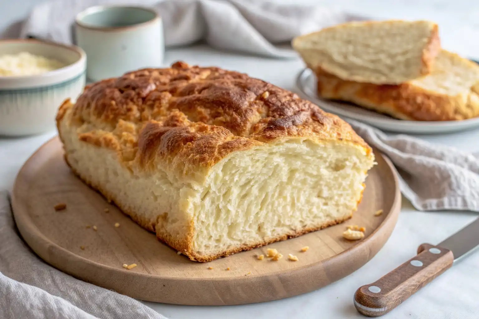 Freshly baked flourless cottage cheese bread loaf with golden crust and soft airy texture on a ceramic plate.