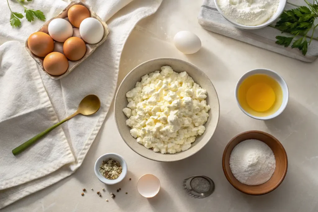 Ingredients for flourless cottage cheese bread including cottage cheese, eggs, baking powder, and olive oil arranged on a countertop.
