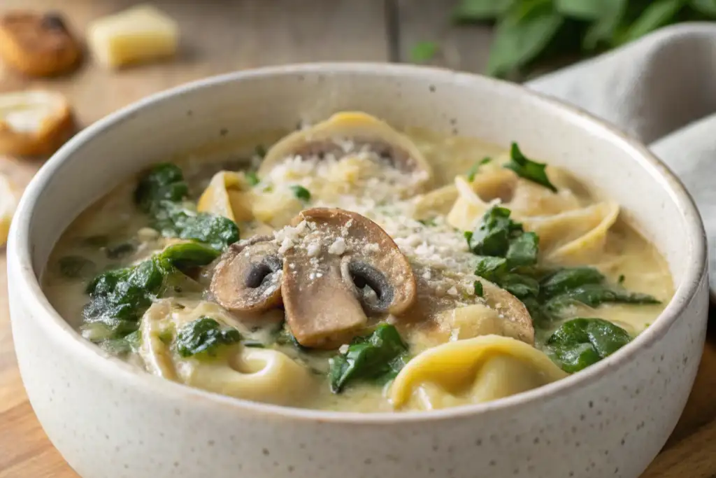 Garlic and onion cooking in butter for creamy parmesan mushroom and spinach tortellini soup.