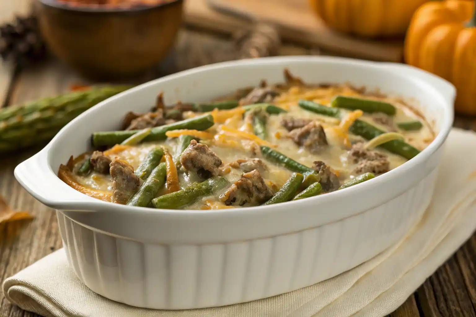 Green bean beef casserole fresh from the oven with golden cheese and creamy layers.