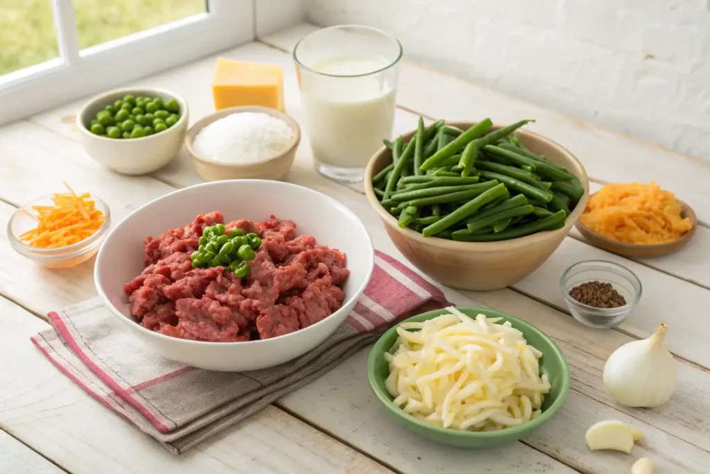 Ingredients for green bean beef casserole including ground beef, green beans, cottage cheese, and shredded cheese.
