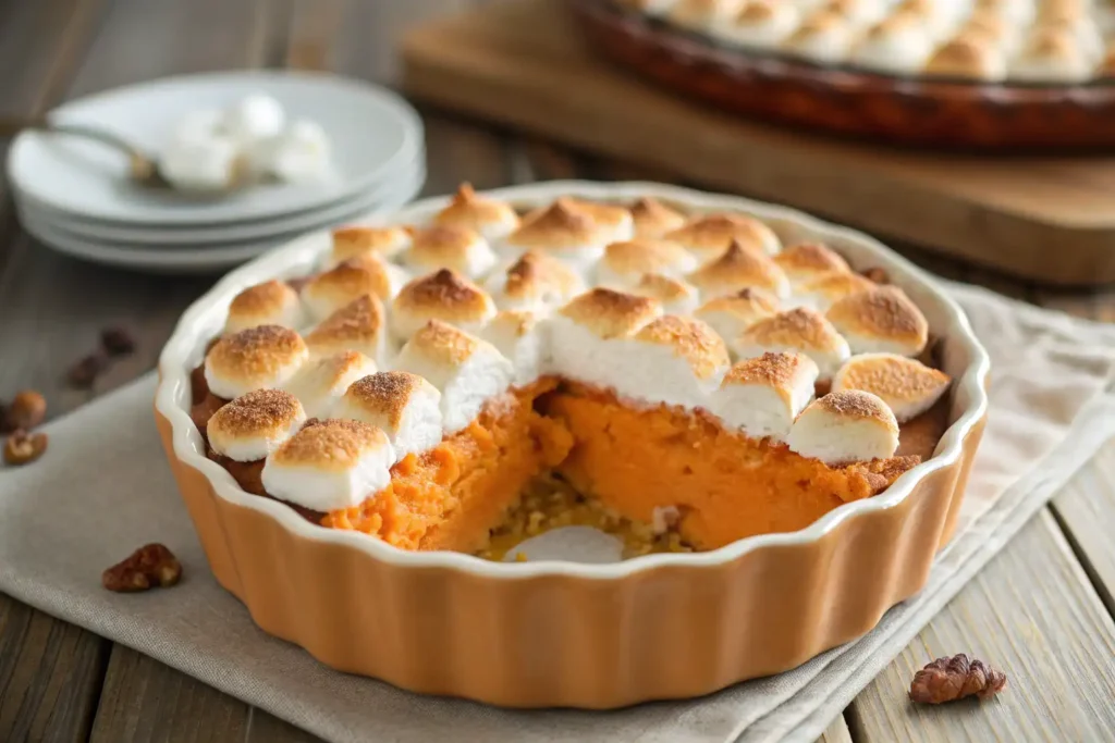 Healthier sweet potato casserole with marshmallows baked until golden in a white ceramic dish.
