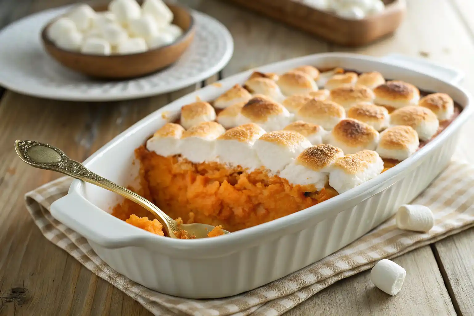 Healthier sweet potato casserole with marshmallows baked until golden in a white ceramic dish.