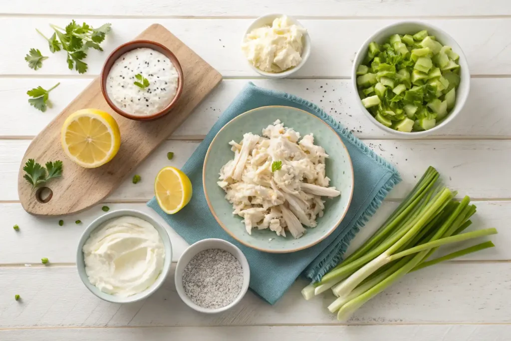 Flat lay of ingredients for high protein smashed chicken salad with cottage cheese, Greek yogurt, and shredded chicken.