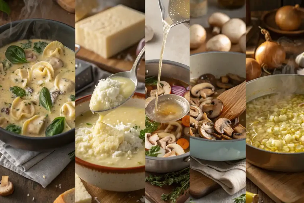Step-by-step collage showing how to make creamy parmesan mushroom and spinach tortellini soup.
