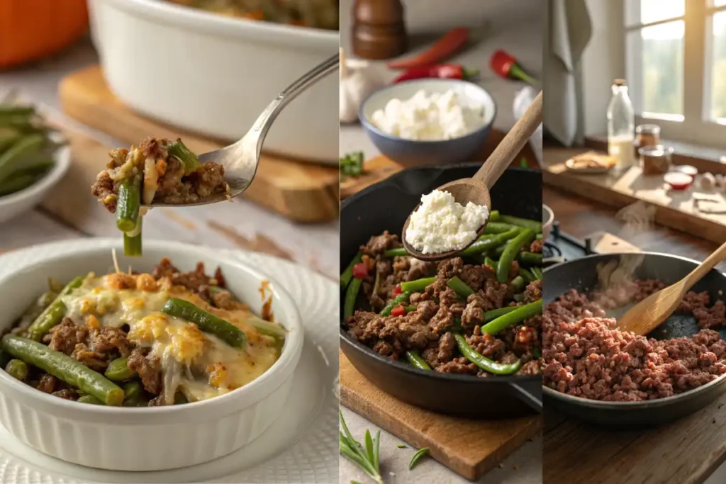 Step-by-step images showing how to make green bean beef casserole from skillet to oven.
