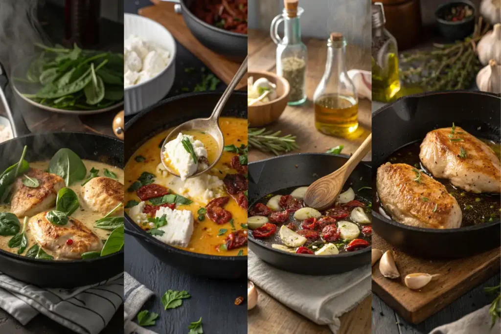 Step by step collage showing how to make one pan chicken Florentine with cottage cheese, from searing chicken to adding spinach and sauce.