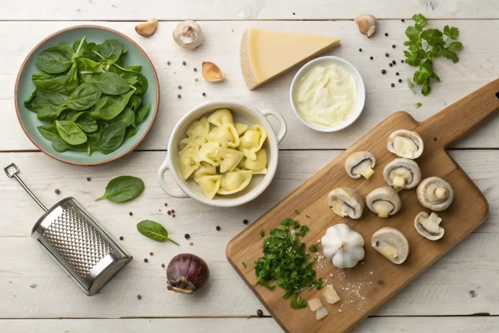 Ingredients for creamy parmesan mushroom and spinach tortellini soup on a wooden counter.