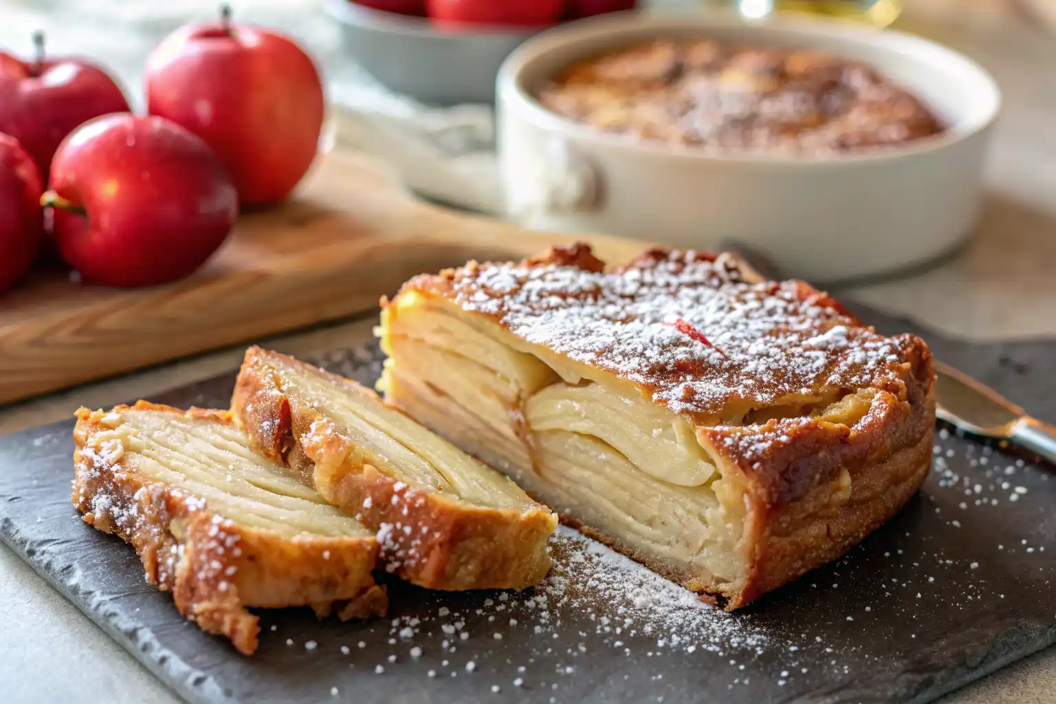 Invisible apple cake almond flour with thinly sliced apples and a golden top.