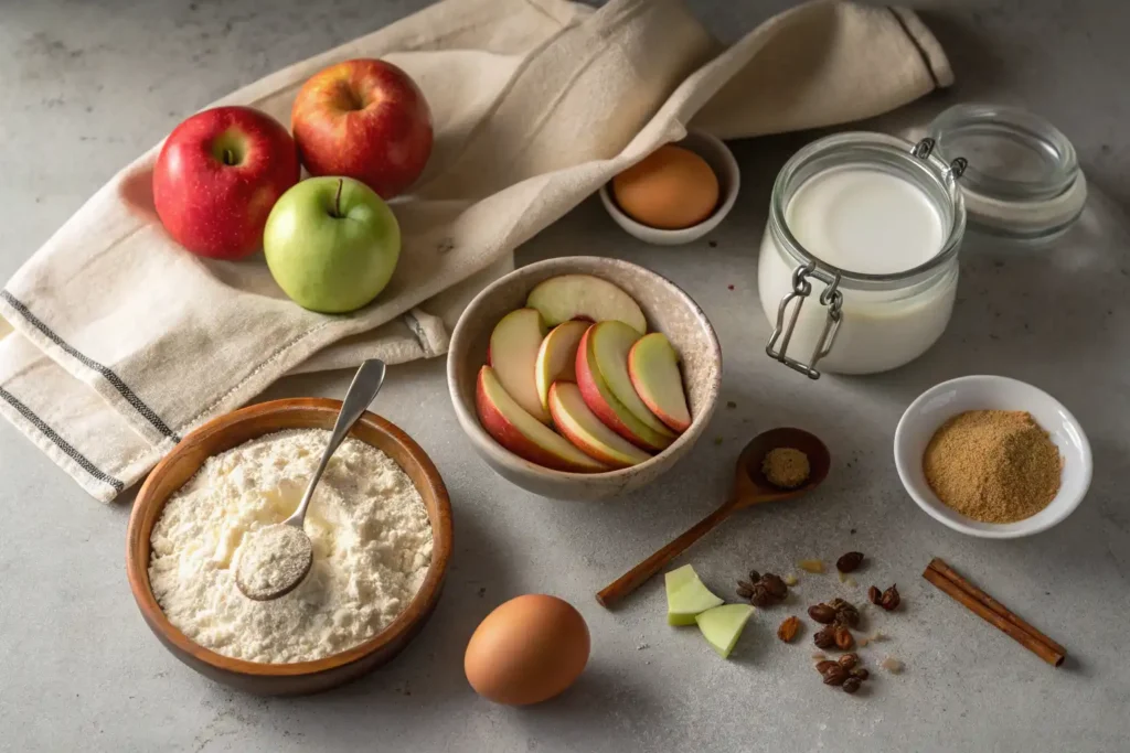 Ingredients for invisible apple cake almond flour including apples, almond flour, eggs, and cottage cheese.
